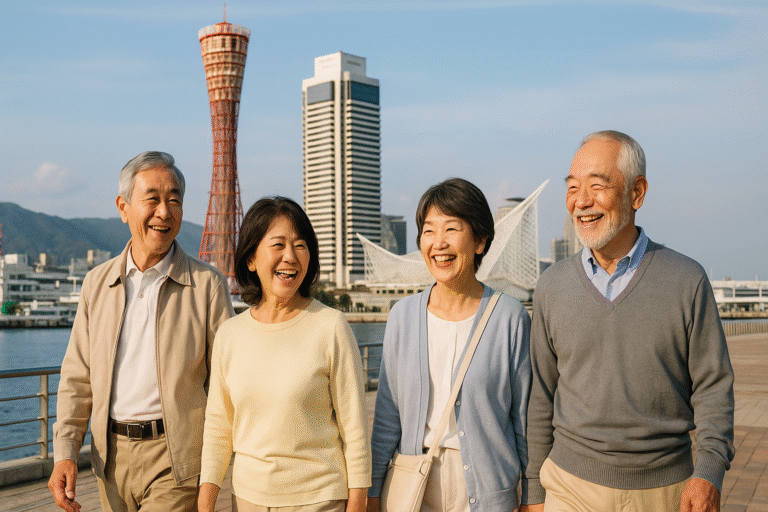 神戸の港を背景に笑顔で並ぶシニア4人のグループ写真